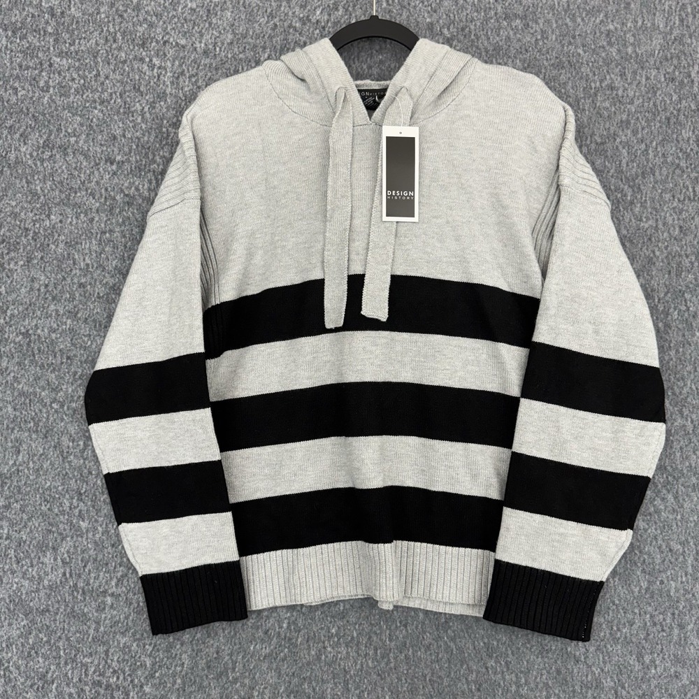 Design History Women's L Gray Black Striped Knit Hoodie Sweater NWT